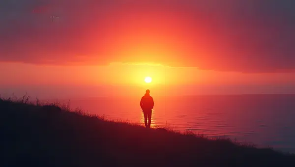 Silhouette of Solitary Person Watching Ocean Sunset