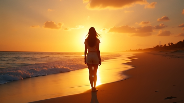 Silhouette woman on sandy seashore at golden hour with warm sunlight reflecting on calm ocean waves