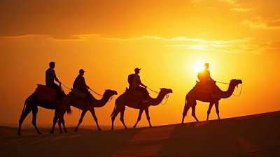 Silhouetted Camel Riders Crossing Desert Sunset