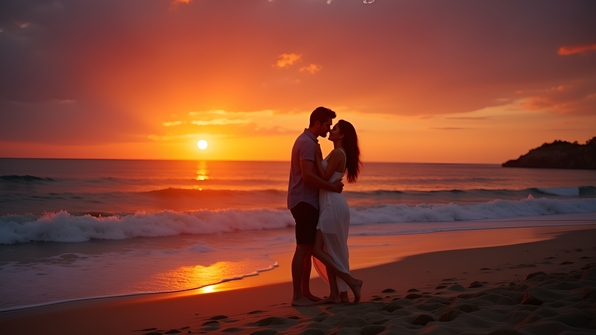 Silhouetted couple embracing tenderly on a sandy shoreline at sunset with gentle waves and a colorful sky