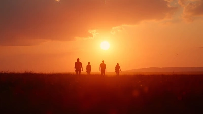 Silhouetted Figures Walking At Sunset