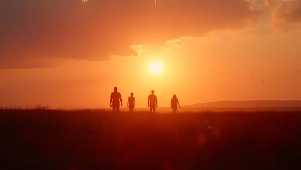 Silhouetted Figures Walking At Sunset