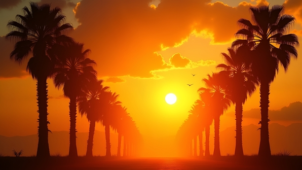 Silhouetted palm trees against a warm golden hour sky with soft sunlight and vibrant orange and yellow hues