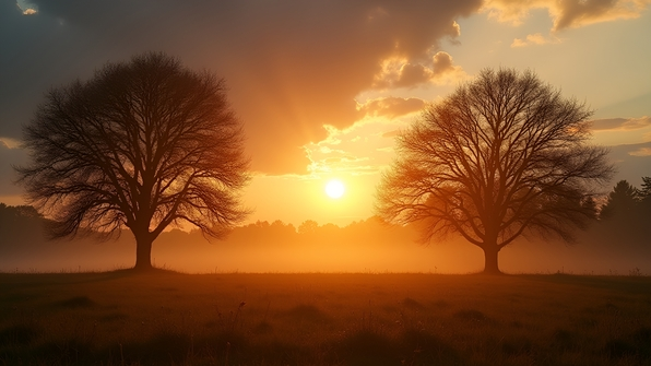Silhouetted trees against a warm golden hour sky with soft sunlight casting long shadows