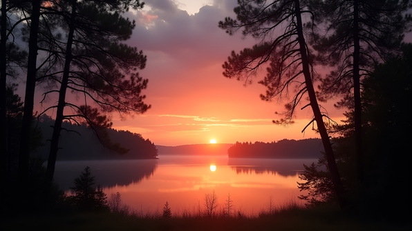Silhouetted trees against a vibrant orange and pink sunset sky with soft clouds