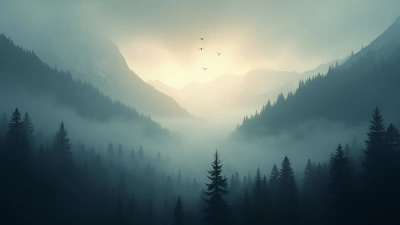 Silhouetted Trees And Mountain Peaks In Foggy Dawn