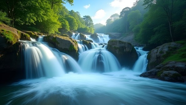 Silky smooth waterfalls cascading over mossy rocks surrounded by lush greenery under a bright blue sky