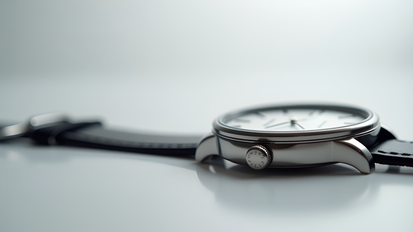 Close-up of a silver round watch with black leather strap showcasing modern minimalist design