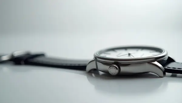 Silver Round Watch With Black Leather Strap