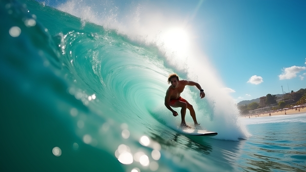 A skilled surfer riding a large ocean wave under a bright blue sky