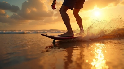 Skimboard Riding On Wet Sandy Beach At Golden Hour