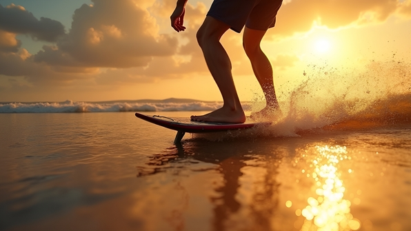 A man skillfully riding a skimboard on the wet sandy beach during golden hour with sunlight reflecting off the water