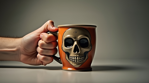 Close-up of a hand gripping an orange and gray skull-patterned ceramic mug