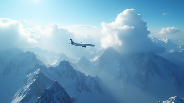 Sleek airplane soaring over snow-capped mountains with swirling clouds under a clear blue sky
