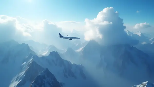 Sleek Airplane Soaring Over Snow-Capped Mountains