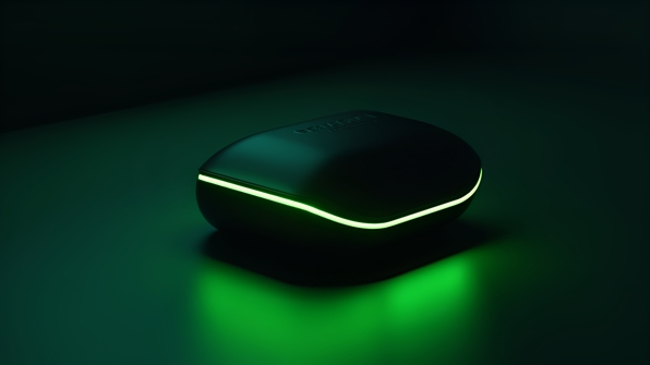 Close-up of a sleek black device with vibrant green LED lights showcasing futuristic technology