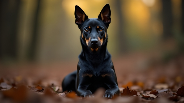 Sleek black dog sitting alertly against a blurred natural background with shiny fur and bright eyes