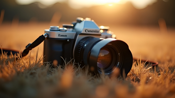 Close-up of a sleek black and silver DSLR camera resting on dry brown grass under soft natural light