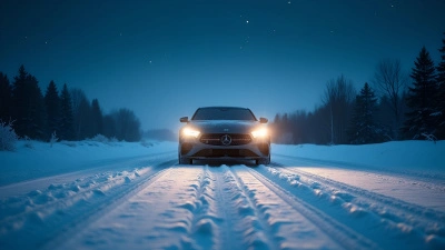 Sleek Car Driving On Snowy Road At Night
