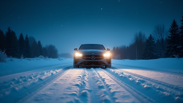 Sleek car driving on a snowy road under a starry night sky with headlights lighting the frosty landscape and fresh tire tracks in snow