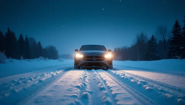 Sleek Car Driving On Snowy Road At Night