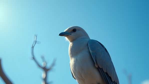 Low-angle view of a sleek gray bird perched on a branch with detailed feathers and sharp eyes