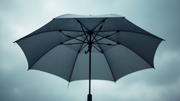 Sleek gray umbrella open against a soft, cloudy sky highlighting its modern design