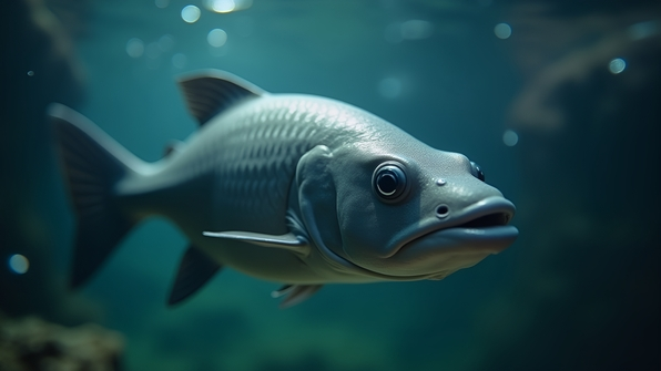 Close-up of a sleek grey fish with detailed scales and shimmering textures in an aquatic environment