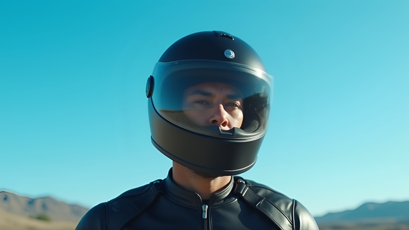 A confident man wearing a sleek motorcycle helmet outdoors against a clear blue sky