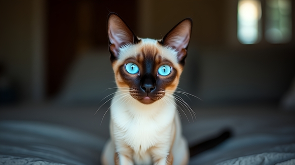 Close-up portrait of a sleek Siamese cat with blue eyes and cream-colored fur