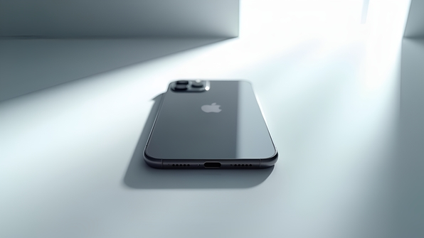 Close-up of a sleek silver iPhone with a reflective metallic finish and glowing screen on a clean white background