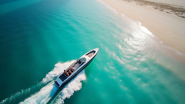 Sleek speedboat racing along a pristine white sand beach with sparkling turquoise water and clear blue sky