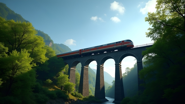 Sleek train crossing a sturdy bridge surrounded by lush green trees under a clear blue sky