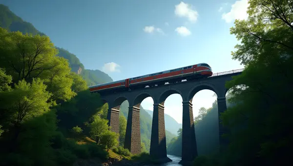 Sleek Train Crossing Sturdy Bridge Amid Green Trees