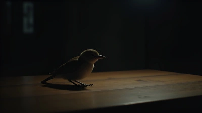 Small Bird Perched On Wooden Table In Moody Light