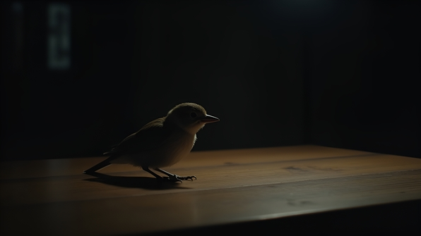 A small bird perched on a wooden table illuminated by soft, moody lighting in a dim, shadowy room