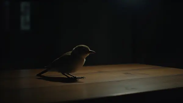 Small Bird Perched On Wooden Table In Moody Light