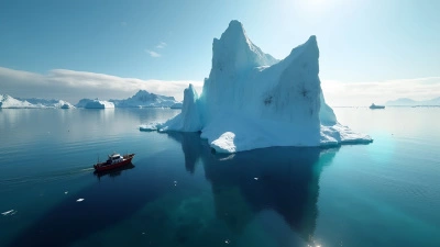 Small Boat Floating Beside Towering Iceberg