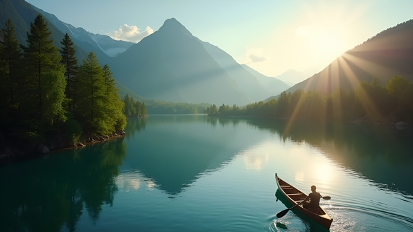 Small Boat Paddling On Calm Water Near Mountain