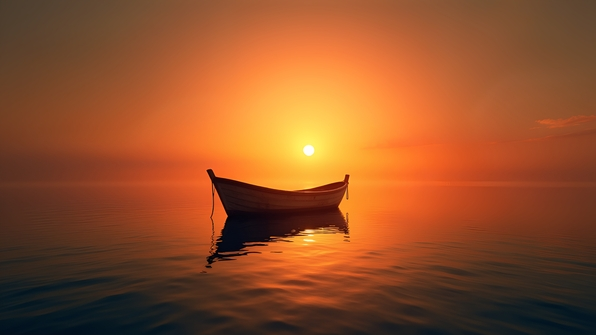 Silhouette of a small boat floating on calm water at sunset with soft reflections