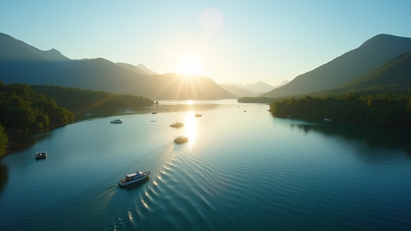 Small boats gently floating on a calm lake surrounded by lush greenery and distant mountains under a clear blue sky
