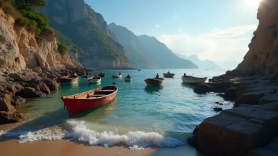 Small Boats Moored by Rugged Rocky Shorelines