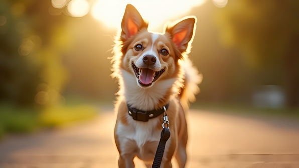 Small brown and white dog wearing a collar and standing on a leash outdoors with a blurred natural background