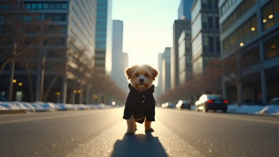 Small Dog in Black Coat Walking Urban Road