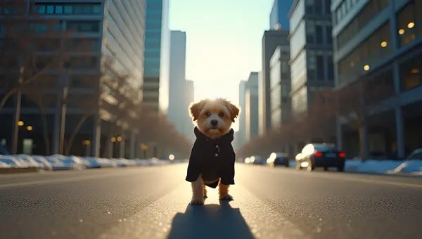 Small Dog in Black Coat Walking Urban Road