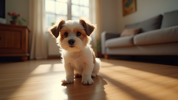 Small dog with white and brown coat sitting attentively on a wooden floor in natural daylight