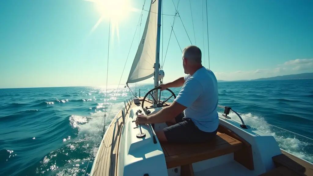 Small Sailboat On Calm Blue Ocean Waters