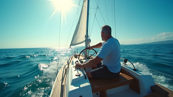 A confident man steering a small sailboat on calm blue ocean waters under a clear sky