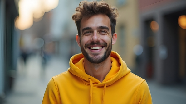 Portrait of a smiling man in a bright yellow hoodie standing outdoors with a blurred urban background and natural daylight