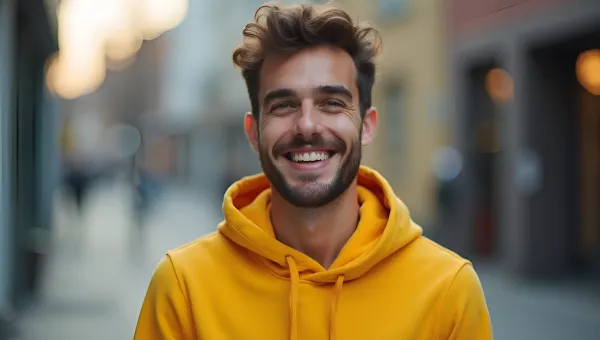 Smiling Man in Bright Yellow Hoodie Outdoors